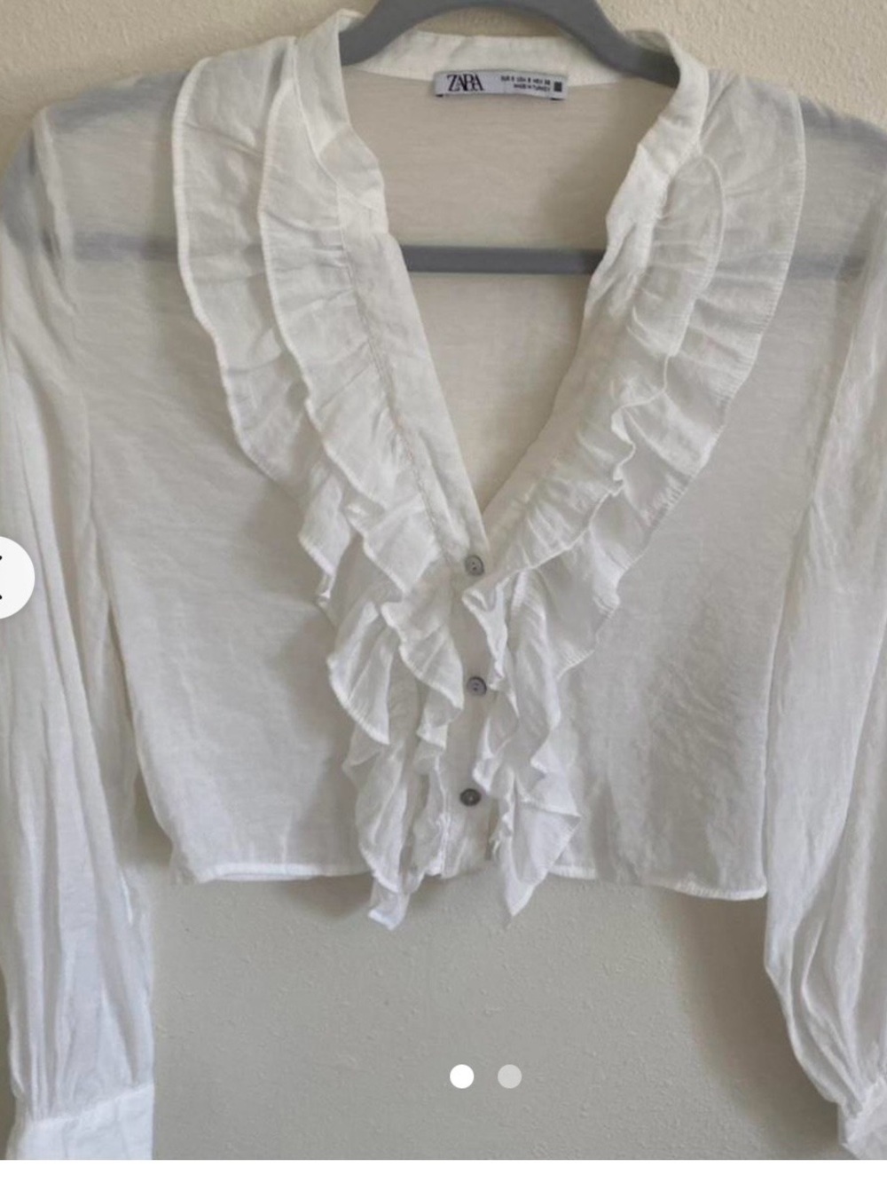 Zara White Ruffle V-Neck Button Blouse
